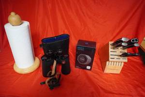 lot 29 image: Smart door lock, Knives in block, 10 x 50 Binoculars