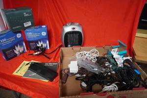 lot 37 image: Ceramic heater, mini lights, cords, misc.