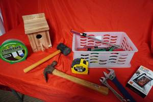 lot 38 image: Bird House, misc tools, hammer, wrenches, tapes