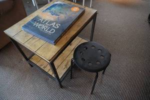 lot 58 image: Table 20 x 27, Atlas book & 12 round stool