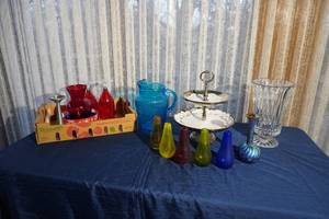 lot 84 image: 2 boxes, pitcher, vases, server, stemware etc...