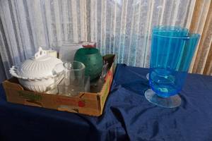lot 87 image: Two large blue footed glass & bowls etc...
