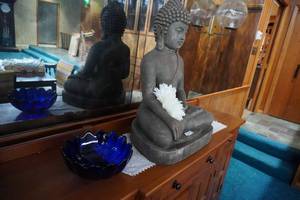lot 93 image: Heavy Budda statue, blue bowl &amp doily