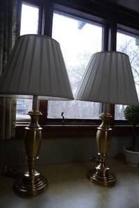 lot 116 image: Two lamps with shades-heavy brass style