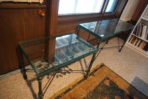 lot 145 image: Two glass top green metal couch & end tables