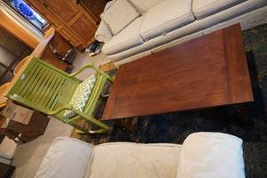 lot 150 image: Mission Oak style coffee table & green rocker