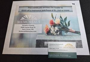 lot 79 image: $500 Discount off of $1250 or More - Sunburst Memorials