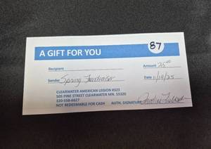 lot 87 image: Clearwater American Legion Gift Certificate - $25