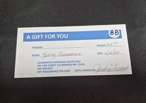 lot 88 image: Clearwater American Legion Gift Certificate - $25