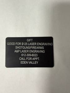 lot 52 image: $125 Gift  Card for Laser engraving for shotgunsfirearms by A&P Laser Engraving