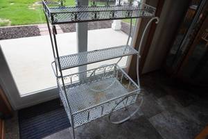 lot 116 image: White Metal Plant stand, two wheels, 3 shelves