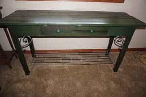 lot 136 image: Green table w drawer and bottom rack54L x18 D x 28 T