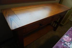 lot 146 image: Couch table, Oak w 2 drawers 50 L x 16 D and 30 T