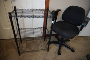 lot 147 image: Office chair and black metal shelf 23 L x 14 D x 30 T&nbsp