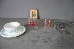 lot 39 image: Rooster Glassware, Correlle, SS flatware, etc