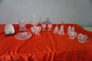 lot 49 image: Lead Crystal 6 coasters, fancy dishes, bell S & P