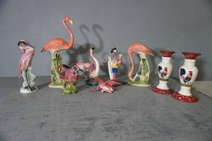 lot 151 image: 2 Rooster candle holders and pink flamingo statues