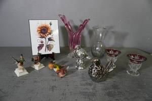 lot 155 image: 2 Lg. vases, picture,footed dishes and birds