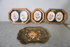 lot 163 image: 5 Framed plates by Lena Liu and metal tray