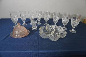 lot 174 image: 8 Crystal water goblets, Pink depression coverplate, toothpick holder..