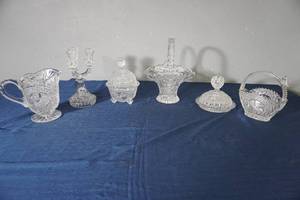lot 177 image: Byrde pitcher, triple candle holder, covered dishes, 2 handle baskets