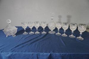 lot 186 image: Byrde-8 goblets, decanter, covered footed bowl