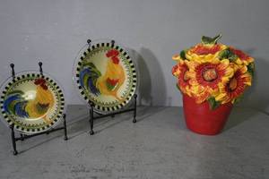 lot 168 image: 2 Rooster bowls w stands & Sunflower cooky jar