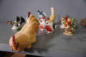 lot 201 image: One shelf chicken, and many roosters