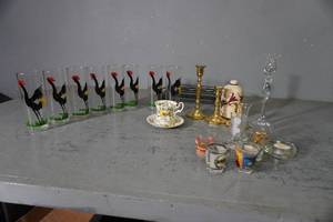 lot 204 image: Eight Rooster Glasses wrack, shot glasses, candle sticks