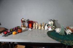 lot 222 image: LED candle wglass, snowmen Christmas tree skirt etc..