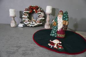 lot 225 image: Terry Redlin Christmas Wreath wcord, tree skirt, Santa