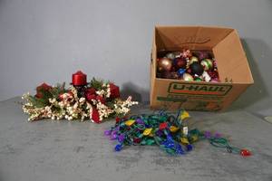 lot 226 image: Box of Christmas Bulbs, Lights &amp Center piece