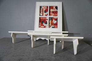 lot 269 image: 4 wood shelves one is framed.  All for wall