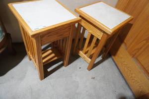 lot 102 image: Two Mission Oak plant stands 22 T x 13 square