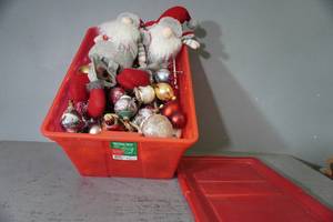 lot 292 image: Red tote of Christmas bulbs and 2  trolls