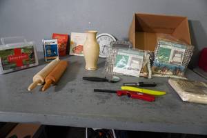 lot 307 image: 2 rolling pins, 2 curtains, tablecloth, kitchen utensils�