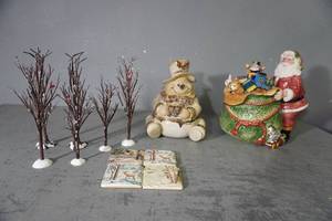 lot 309 image: 2 lg. cookie jars, coaster, Dept.56 trees