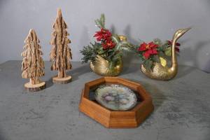 lot 310 image: 2 brass swans, Lena Liu framed plate and trees