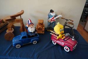 lot 157 image: Wood and metal trikes, Ford pickup, knick knacks