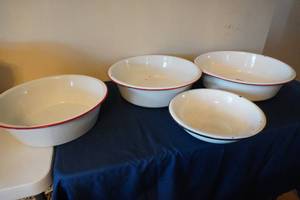 lot 196 image: Enamel large bowls red and white and black and white