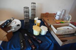 lot 201 image: Knives, plastic dishes, tumblers, ricer etc...