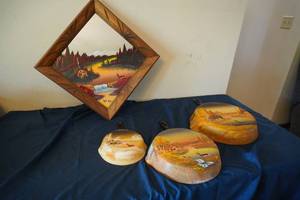 lot 223 image: 3 Painted Wildlife skillets and mirror wildlife