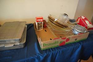 lot 227 image: 2 Aluminum covered pans, 2 glass cake pans, pie pans, donut maker 