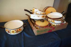 lot 236 image: Set of Floral painted pots and pans w lids
