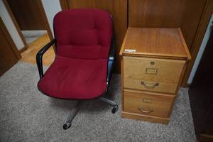 lot 245 image: Two drawer wood file cabinet and office chair