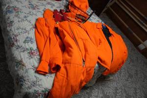 lot 268 image: Blaze Orange size large vest, XL bibs, hats and gloves