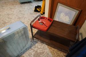 lot 301 image: Roller TV stand, 20 box fan, Toro hose reel & picture