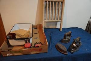 lot 310 image: Washboard, 3 irons, pan, pin cushions
