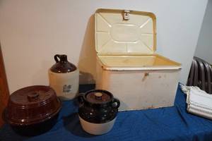 lot 313 image: Western Stoneware shoulder jug, bean pots, bread box