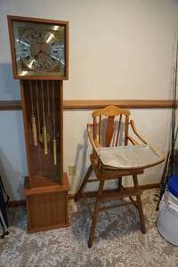 lot 315 image: Bently battery grandfather clock & high chair